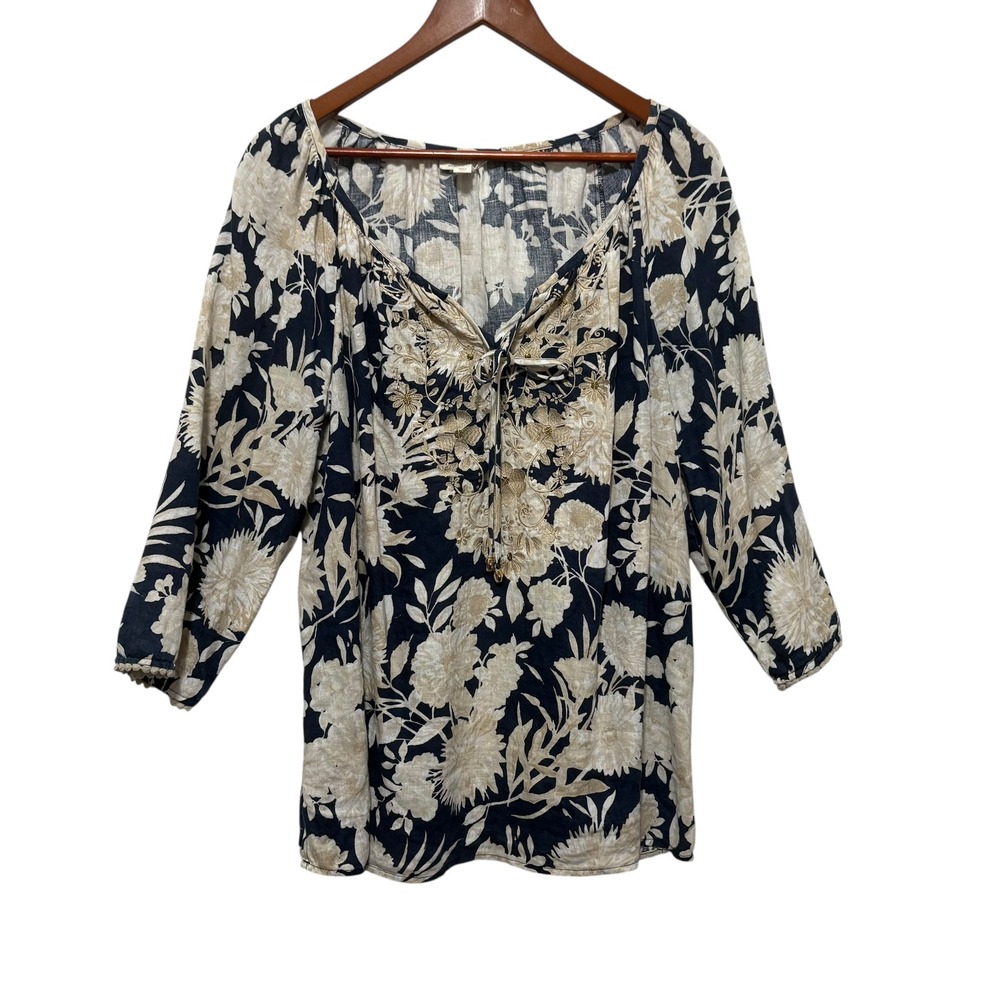 Linen‎ Charter Club Luxury Women Tunic Top 1X Navy Floral Coastal Beach Mature